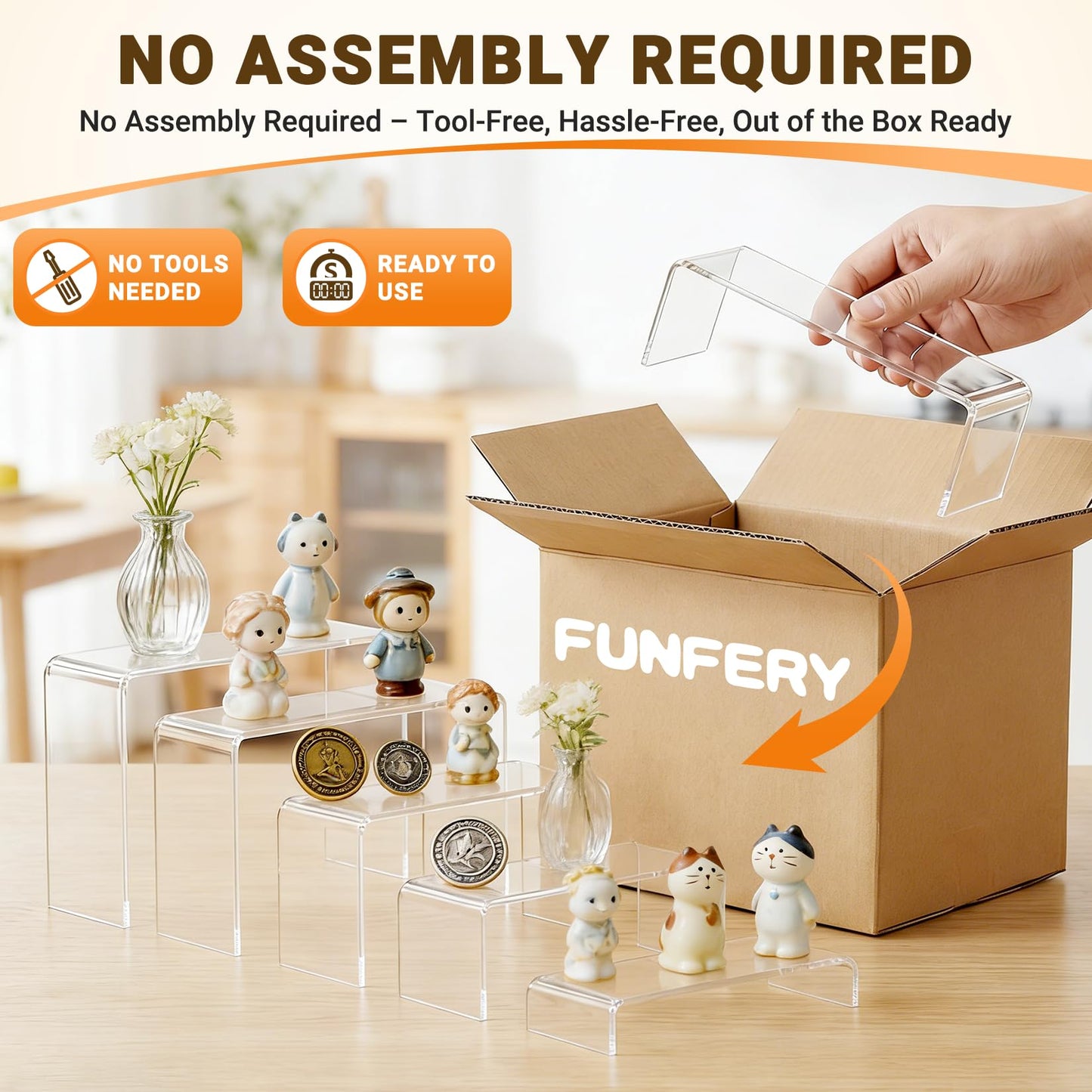 FUNFERY Acrylic Display Risers,2 Sets(7.8" L~8.2" L~8.6" L) Display Stand Shelf for Figure,Collectibles,Cupcake,Clear Acrylic Risers for Displays Case Cabinet,Dessert Table,Shelf Riser for Decor,Food