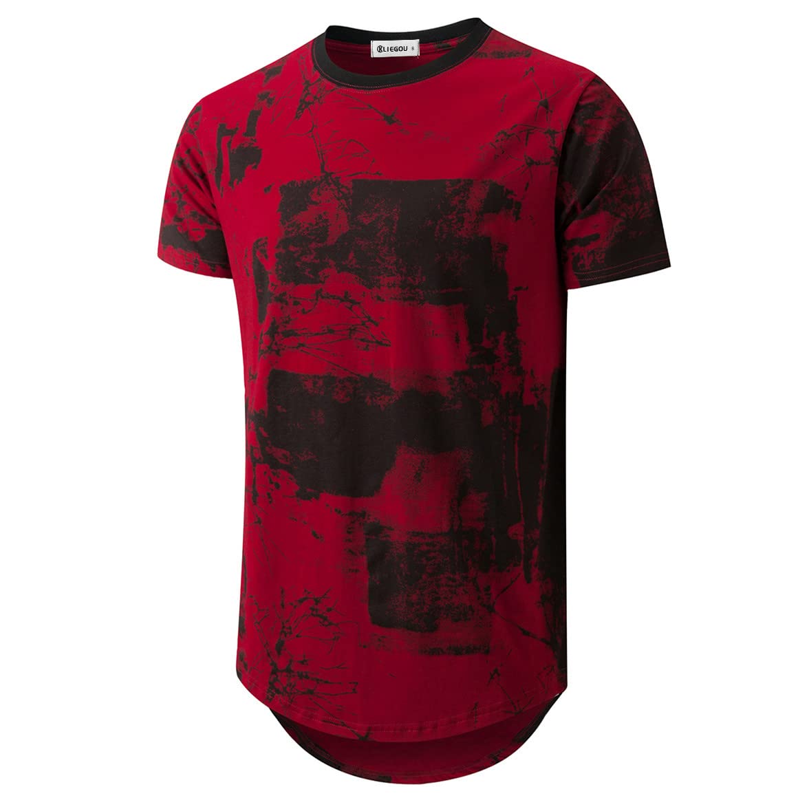 KLIEGOU Mens Hipster Hip Hop Ripped Round Hemline Pattern Print T Shirt