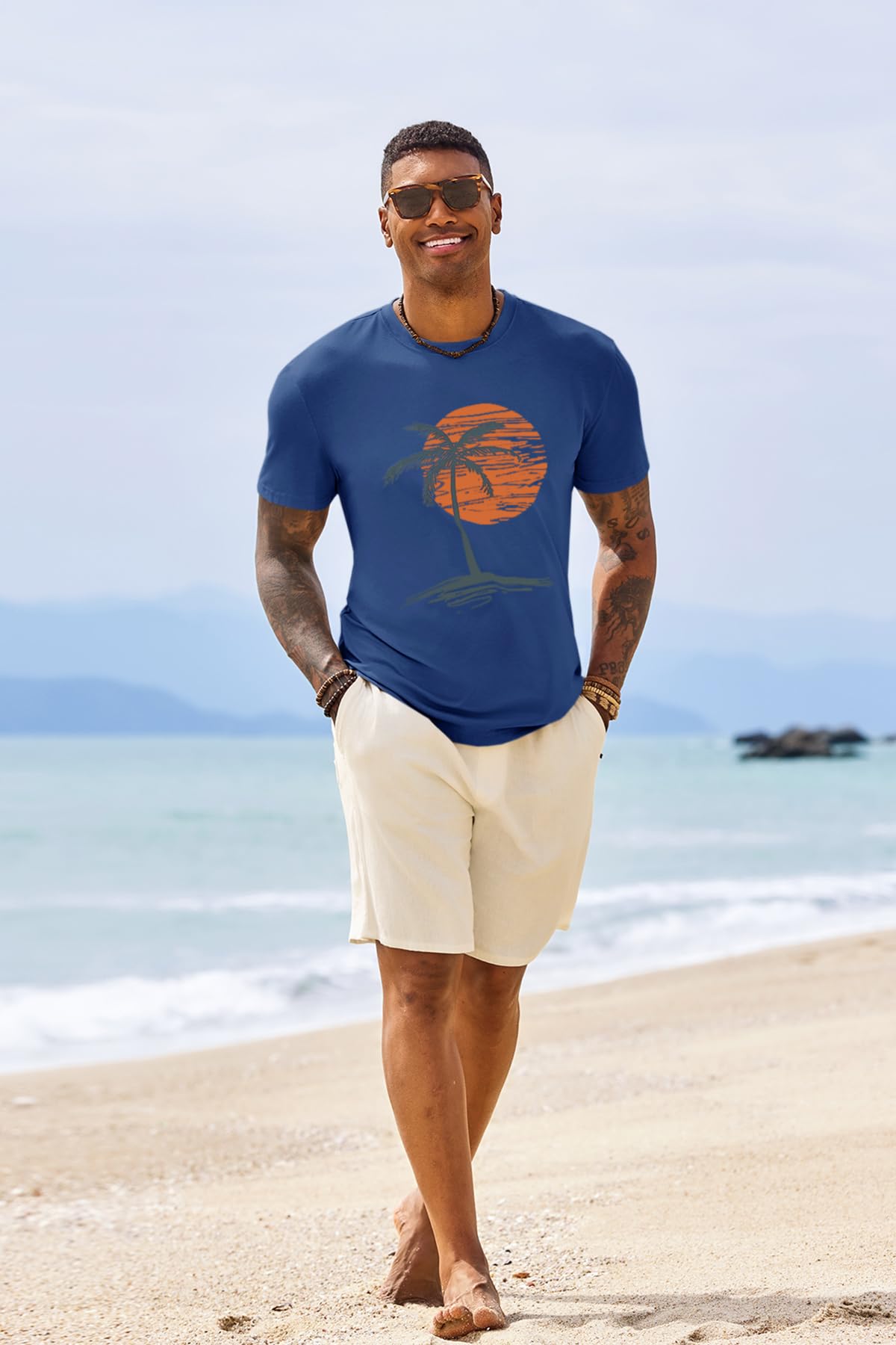Runcati Mens Short Sleeve T-Shirts Crew Neck Casual Shirt Summer Beach Palm Tree Vintage Hawaiian Tees