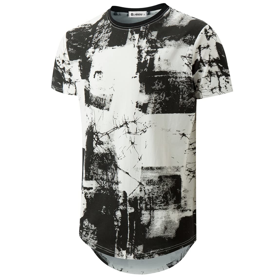 KLIEGOU Mens Hipster Hip Hop Ripped Round Hemline Pattern Print T Shirt