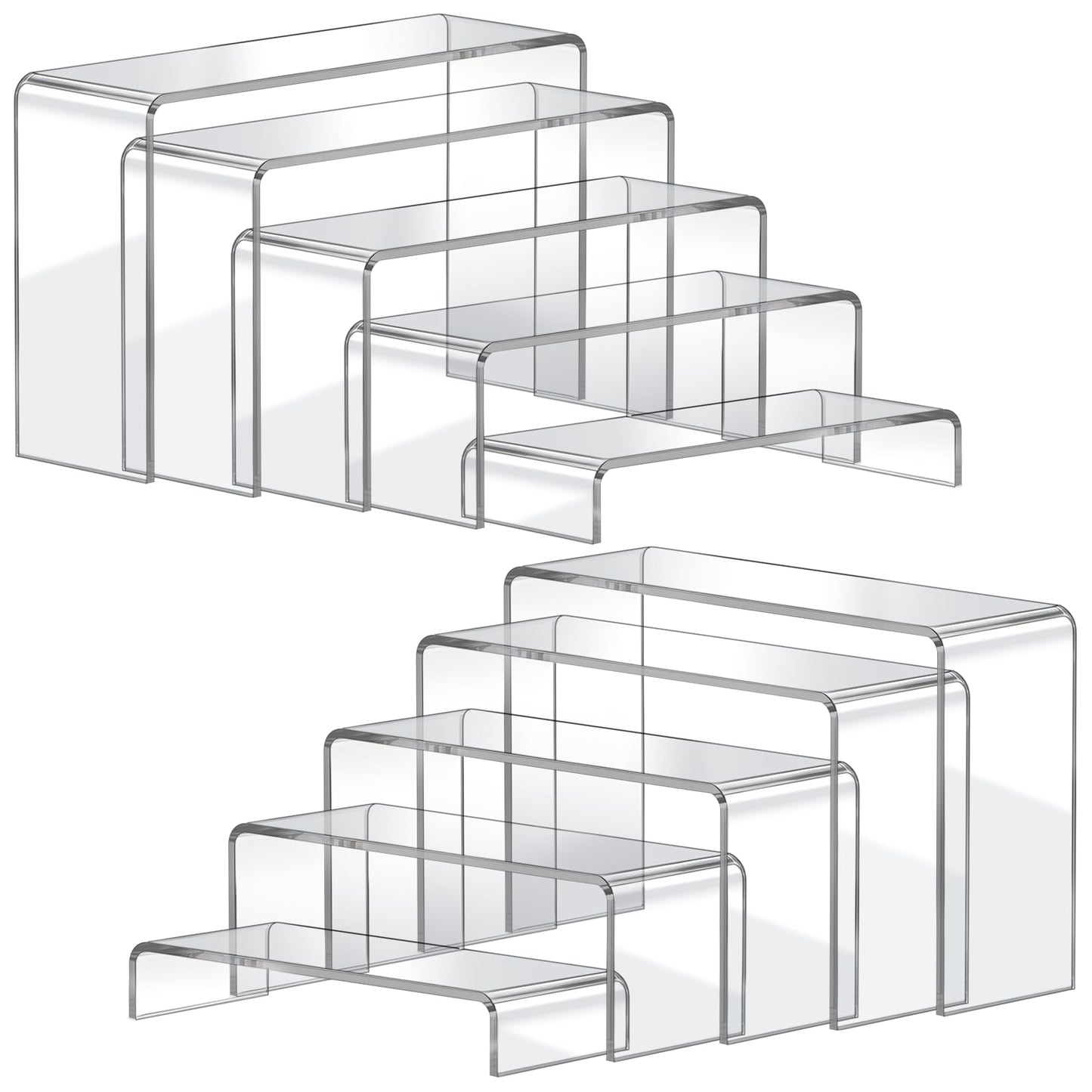 FUNFERY Acrylic Display Risers,2 Sets(7.8" L~8.2" L~8.6" L) Display Stand Shelf for Figure,Collectibles,Cupcake,Clear Acrylic Risers for Displays Case Cabinet,Dessert Table,Shelf Riser for Decor,Food