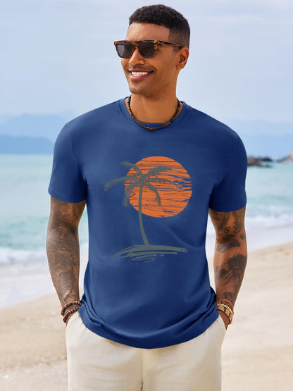 Runcati Mens Short Sleeve T-Shirts Crew Neck Casual Shirt Summer Beach Palm Tree Vintage Hawaiian Tees