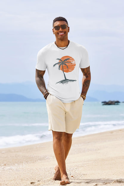 Runcati Mens Short Sleeve T-Shirts Crew Neck Casual Shirt Summer Beach Palm Tree Vintage Hawaiian Tees