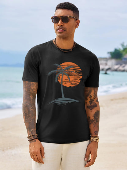 Runcati Mens Short Sleeve T-Shirts Crew Neck Casual Shirt Summer Beach Palm Tree Vintage Hawaiian Tees