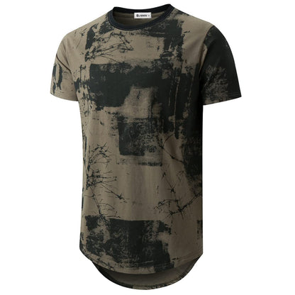 KLIEGOU Mens Hipster Hip Hop Ripped Round Hemline Pattern Print T Shirt