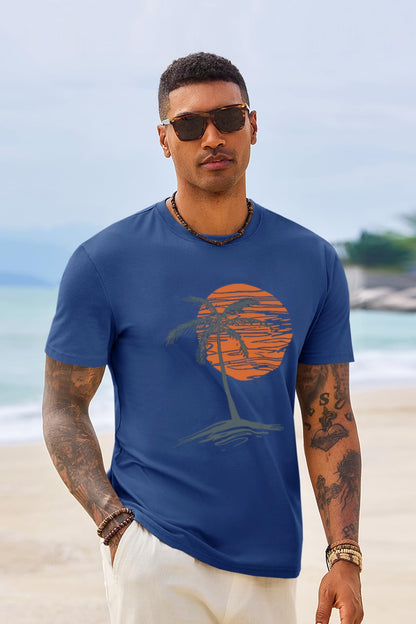 Runcati Mens Short Sleeve T-Shirts Crew Neck Casual Shirt Summer Beach Palm Tree Vintage Hawaiian Tees