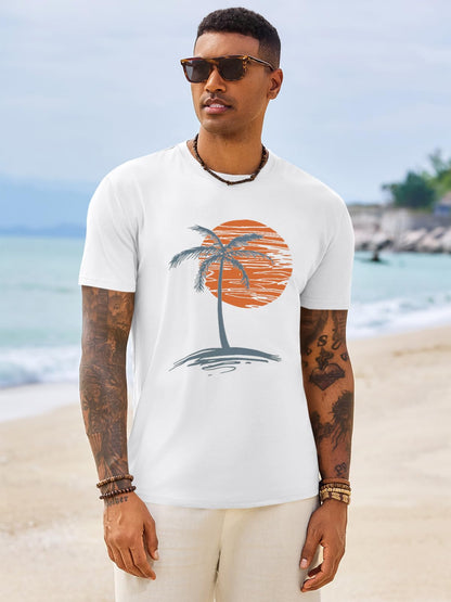 Runcati Mens Short Sleeve T-Shirts Crew Neck Casual Shirt Summer Beach Palm Tree Vintage Hawaiian Tees