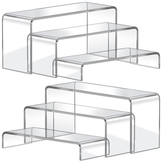 FUNFERY Acrylic Display Risers,2 Sets(7.8" L~8.2" L~8.6" L) Display Stand Shelf for Figure,Collectibles,Cupcake,Clear Acrylic Risers for Displays Case Cabinet,Dessert Table,Shelf Riser for Decor,Food