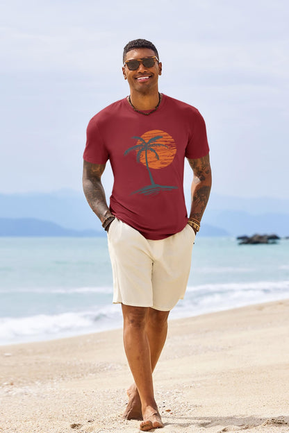 Runcati Mens Short Sleeve T-Shirts Crew Neck Casual Shirt Summer Beach Palm Tree Vintage Hawaiian Tees
