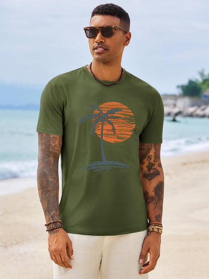 Runcati Mens Short Sleeve T-Shirts Crew Neck Casual Shirt Summer Beach Palm Tree Vintage Hawaiian Tees