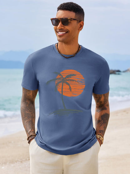 Runcati Mens Short Sleeve T-Shirts Crew Neck Casual Shirt Summer Beach Palm Tree Vintage Hawaiian Tees