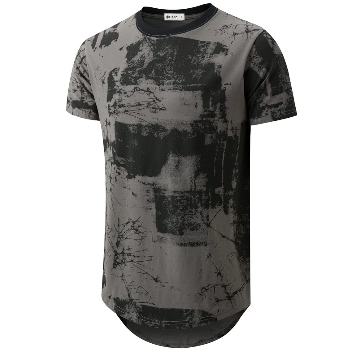 KLIEGOU Mens Hipster Hip Hop Ripped Round Hemline Pattern Print T Shirt