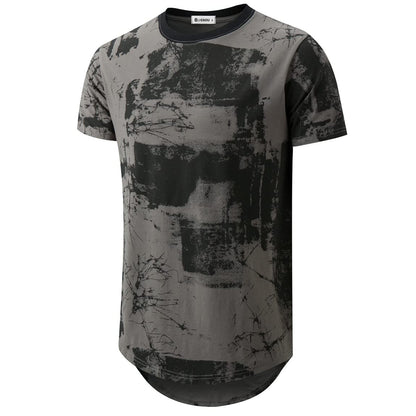 KLIEGOU Mens Hipster Hip Hop Ripped Round Hemline Pattern Print T Shirt