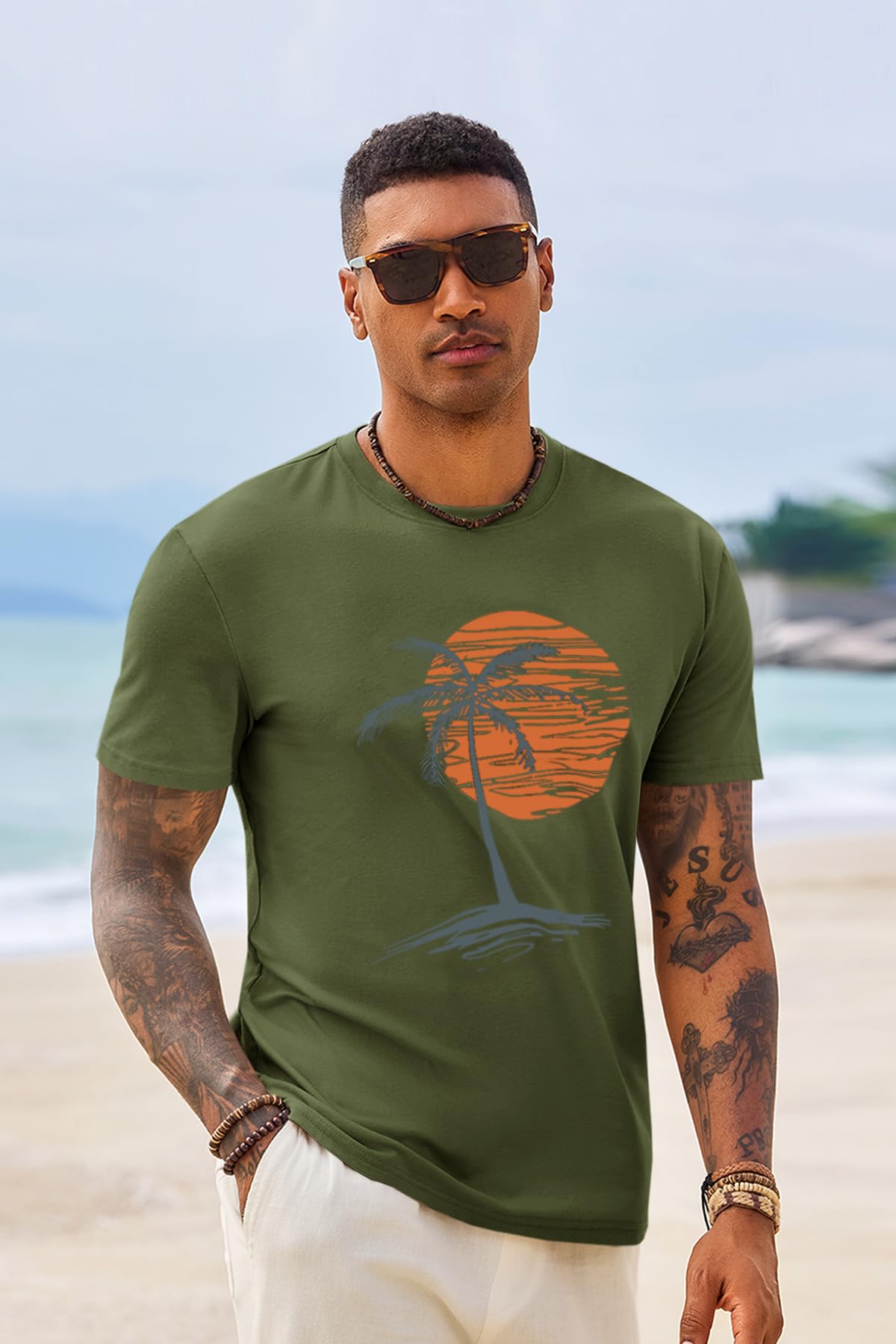 Runcati Mens Short Sleeve T-Shirts Crew Neck Casual Shirt Summer Beach Palm Tree Vintage Hawaiian Tees
