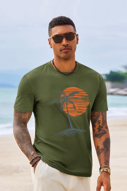 Runcati Mens Short Sleeve T-Shirts Crew Neck Casual Shirt Summer Beach Palm Tree Vintage Hawaiian Tees