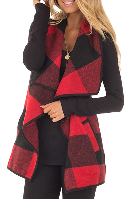 YACUN Women Plaid Vest Lapel Open Front Sleeveless Jacket Outerwear Cardigan with Pockets