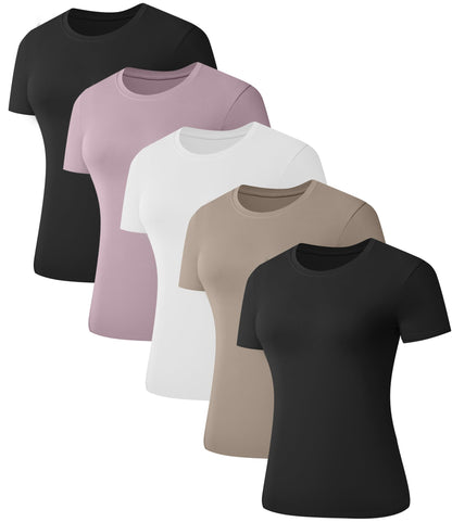 5 Pack Women's Short Sleeve Basic T Shirts Tees, Slim Fit Crew Neck Tshirt Summer Tops for Casual Workout Trendy