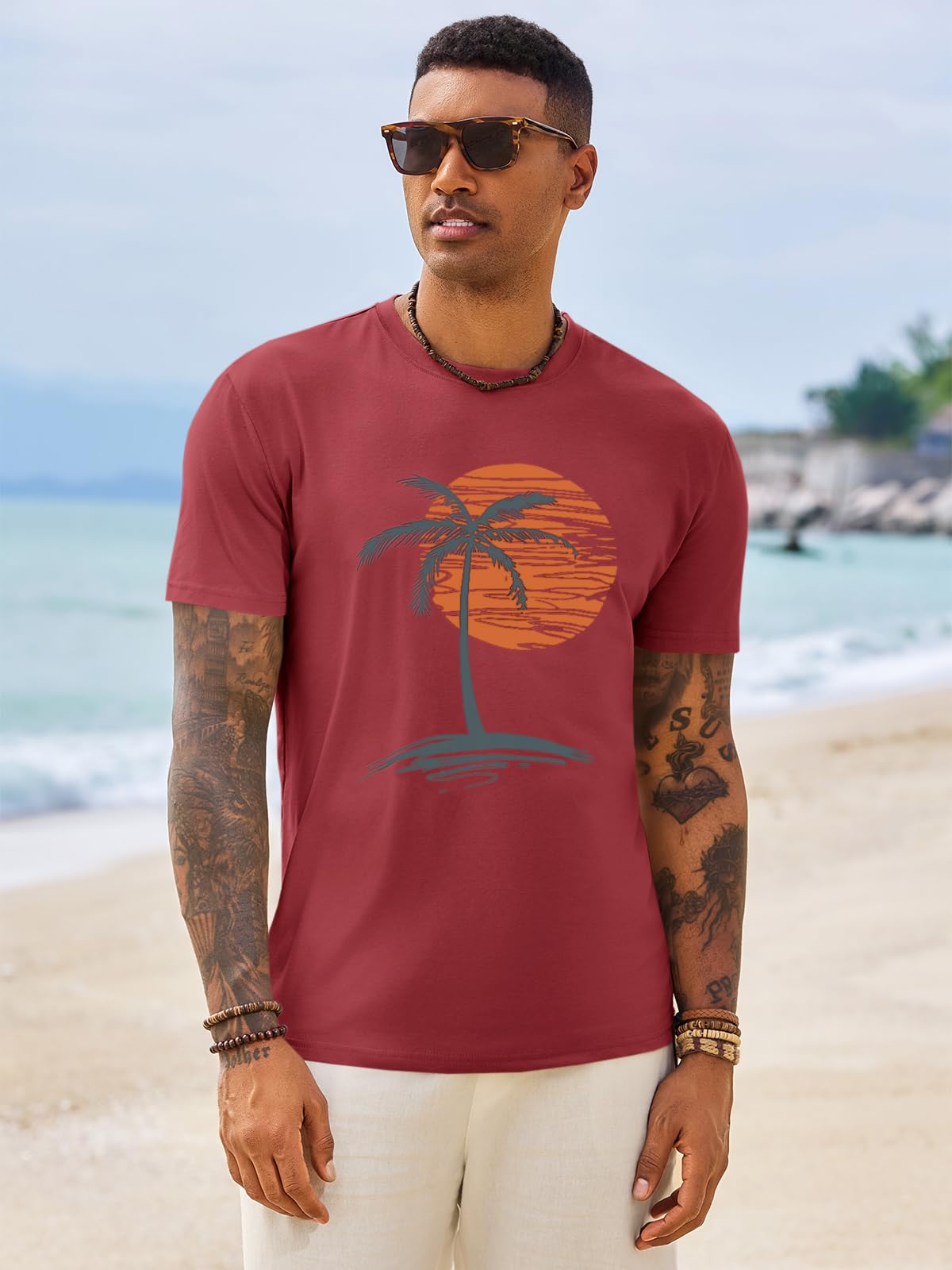 Runcati Mens Short Sleeve T-Shirts Crew Neck Casual Shirt Summer Beach Palm Tree Vintage Hawaiian Tees