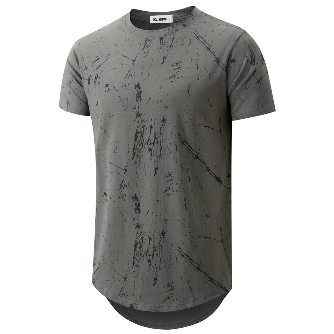 KLIEGOU Mens Hipster Hip Hop Ripped Round Hemline Pattern Print T Shirt