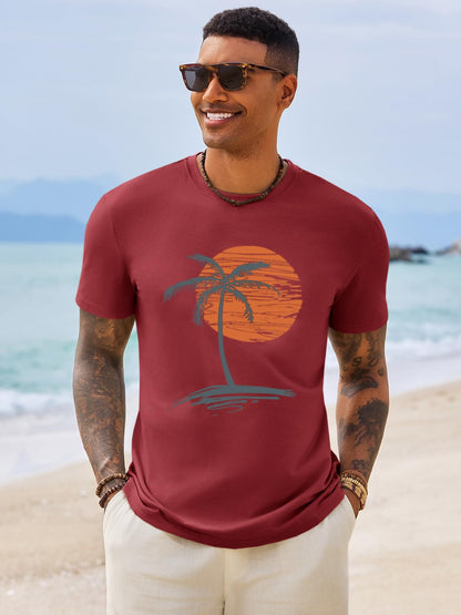 Runcati Mens Short Sleeve T-Shirts Crew Neck Casual Shirt Summer Beach Palm Tree Vintage Hawaiian Tees