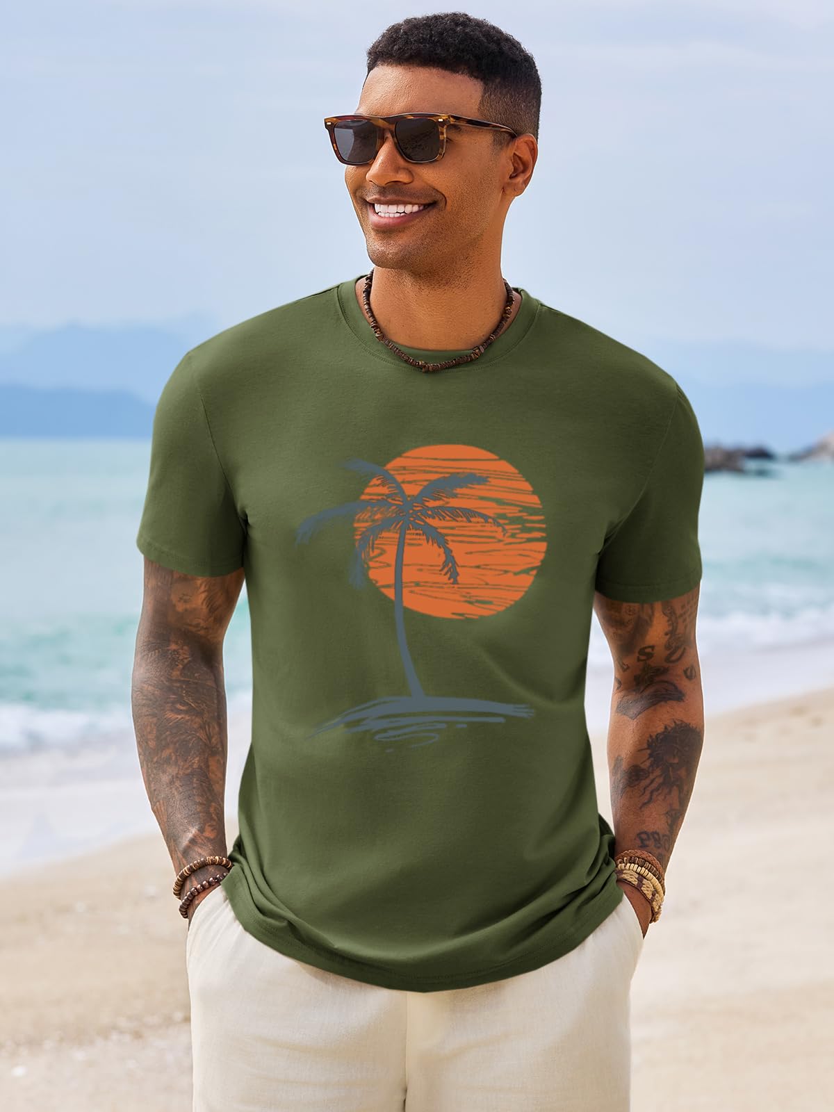 Runcati Mens Short Sleeve T-Shirts Crew Neck Casual Shirt Summer Beach Palm Tree Vintage Hawaiian Tees
