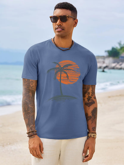 Runcati Mens Short Sleeve T-Shirts Crew Neck Casual Shirt Summer Beach Palm Tree Vintage Hawaiian Tees