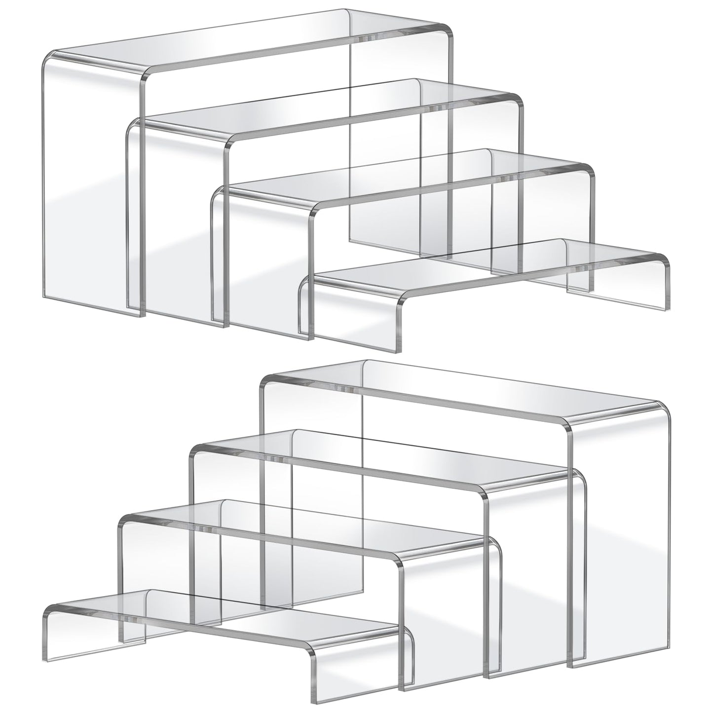 FUNFERY Acrylic Display Risers,2 Sets(7.8" L~8.2" L~8.6" L) Display Stand Shelf for Figure,Collectibles,Cupcake,Clear Acrylic Risers for Displays Case Cabinet,Dessert Table,Shelf Riser for Decor,Food