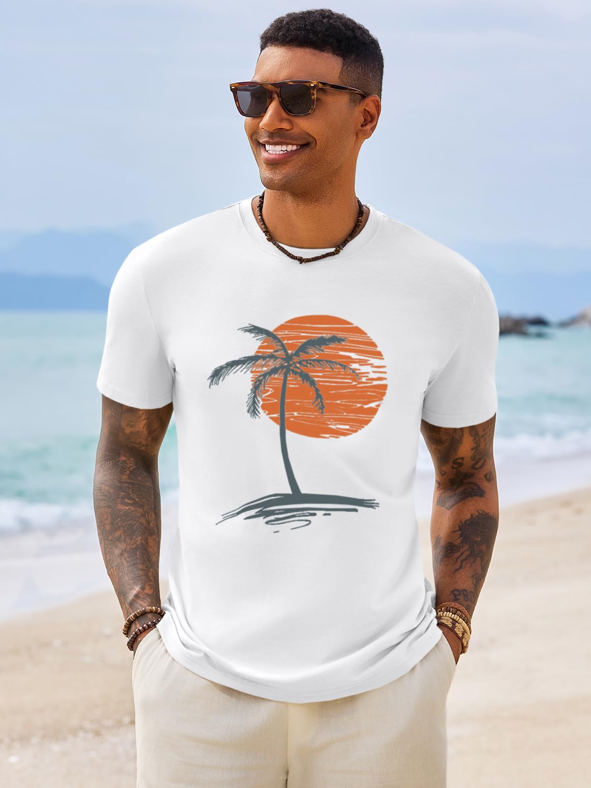 Runcati Mens Short Sleeve T-Shirts Crew Neck Casual Shirt Summer Beach Palm Tree Vintage Hawaiian Tees