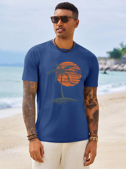 Runcati Mens Short Sleeve T-Shirts Crew Neck Casual Shirt Summer Beach Palm Tree Vintage Hawaiian Tees