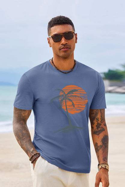 Runcati Mens Short Sleeve T-Shirts Crew Neck Casual Shirt Summer Beach Palm Tree Vintage Hawaiian Tees