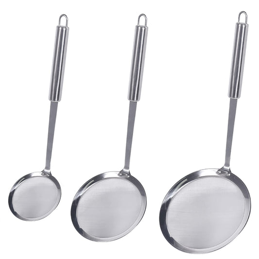 Newness Fine Mesh Skimmer Spoon, Professional 304 Stainless Steel Hot Pot Fat Strainer for Oil Filter Skimming Grease and Foam, Durable Multi-Functional Kitchen Cooking Mesh Food Strainer Ladle-3 Pack