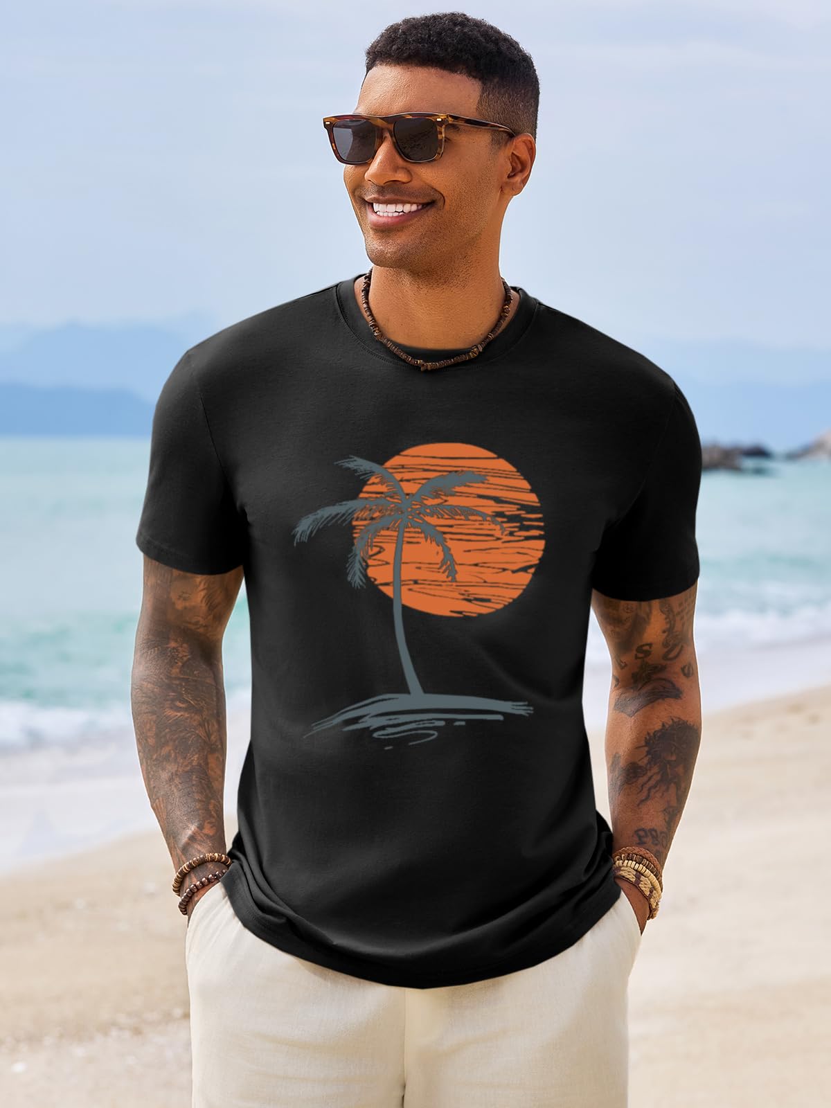 Runcati Mens Short Sleeve T-Shirts Crew Neck Casual Shirt Summer Beach Palm Tree Vintage Hawaiian Tees