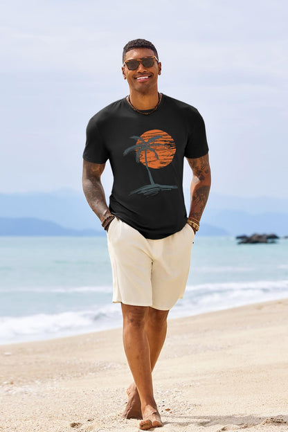 Runcati Mens Short Sleeve T-Shirts Crew Neck Casual Shirt Summer Beach Palm Tree Vintage Hawaiian Tees