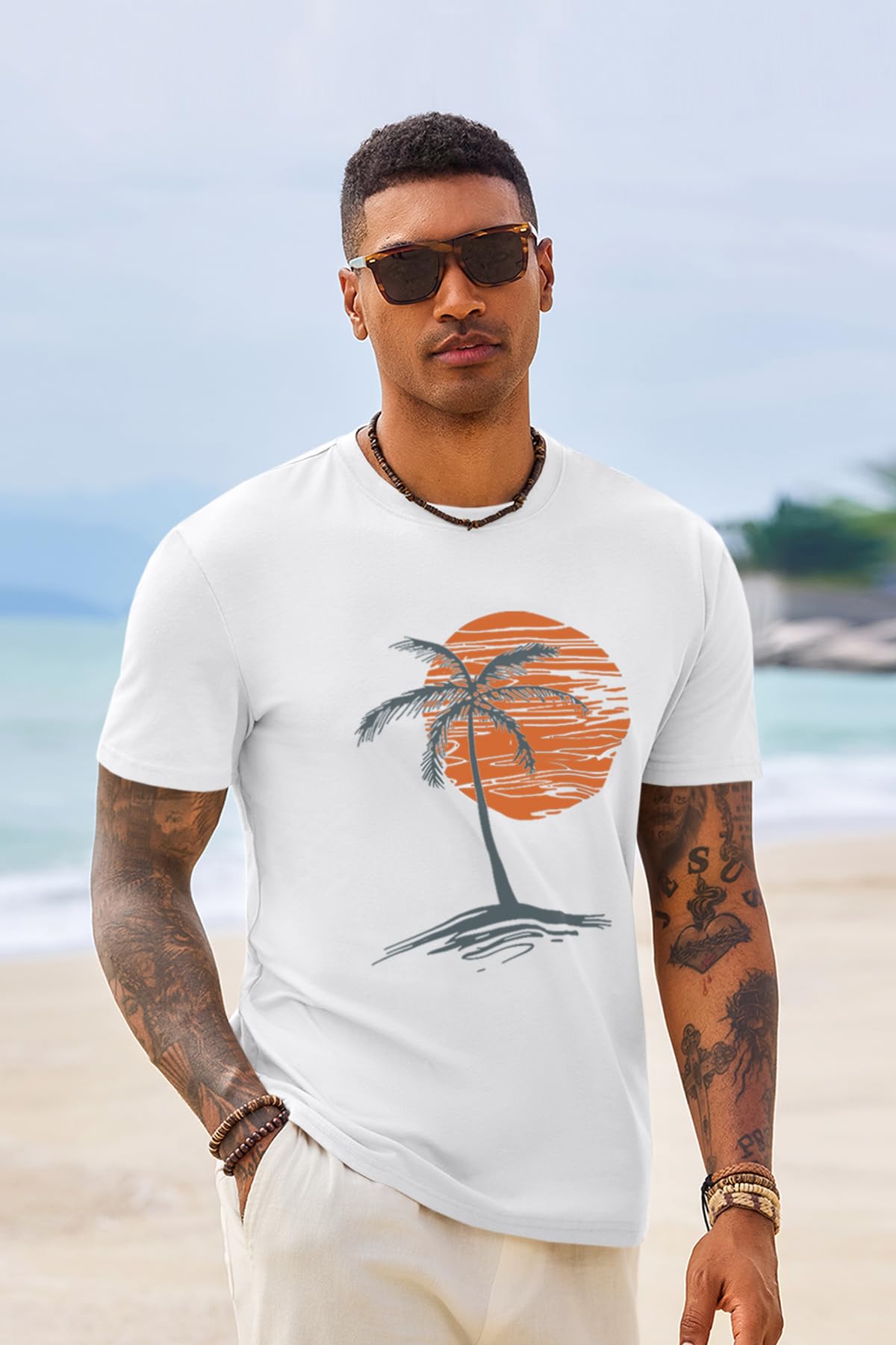 Runcati Mens Short Sleeve T-Shirts Crew Neck Casual Shirt Summer Beach Palm Tree Vintage Hawaiian Tees