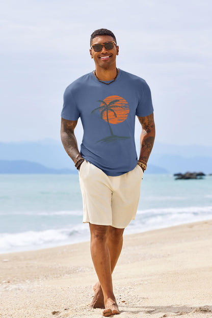 Runcati Mens Short Sleeve T-Shirts Crew Neck Casual Shirt Summer Beach Palm Tree Vintage Hawaiian Tees
