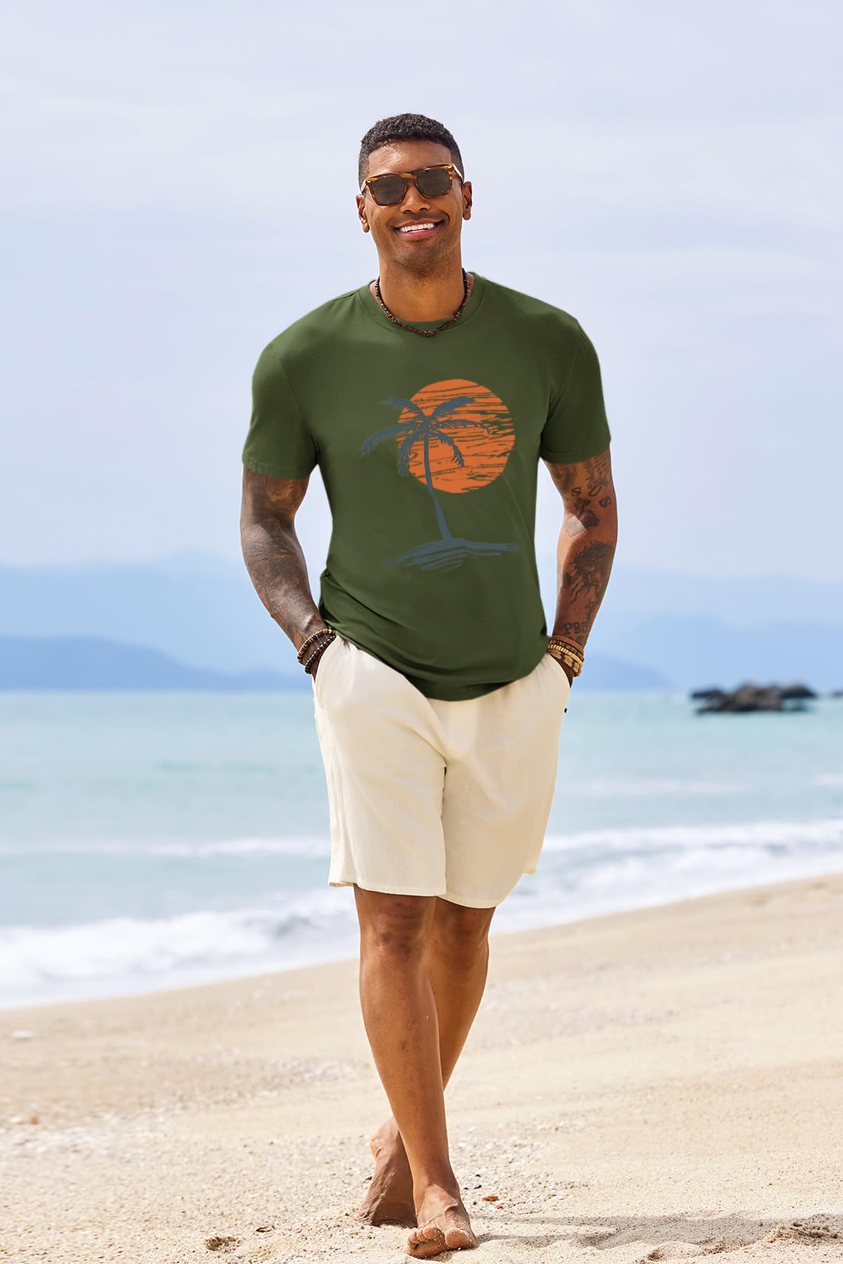 Runcati Mens Short Sleeve T-Shirts Crew Neck Casual Shirt Summer Beach Palm Tree Vintage Hawaiian Tees