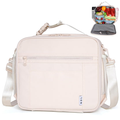 NOL Nylon Waterproof Kids Lunch Bag, Insulated Lunch Bag, Lunch box Cooler, Reusable, Zip Closure with Buckle Handle Holds Lunch Box, Snacks & Water Bottle for School Work, Cream