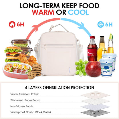 NOL Nylon Waterproof Kids Lunch Bag, Insulated Lunch Bag, Lunch box Cooler, Reusable, Zip Closure with Buckle Handle Holds Lunch Box, Snacks & Water Bottle for School Work, Cream