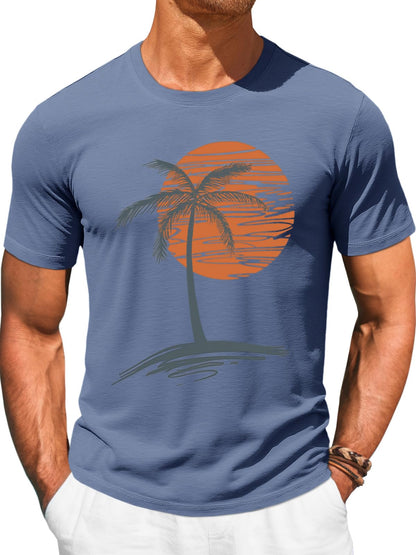 Runcati Mens Short Sleeve T-Shirts Crew Neck Casual Shirt Summer Beach Palm Tree Vintage Hawaiian Tees
