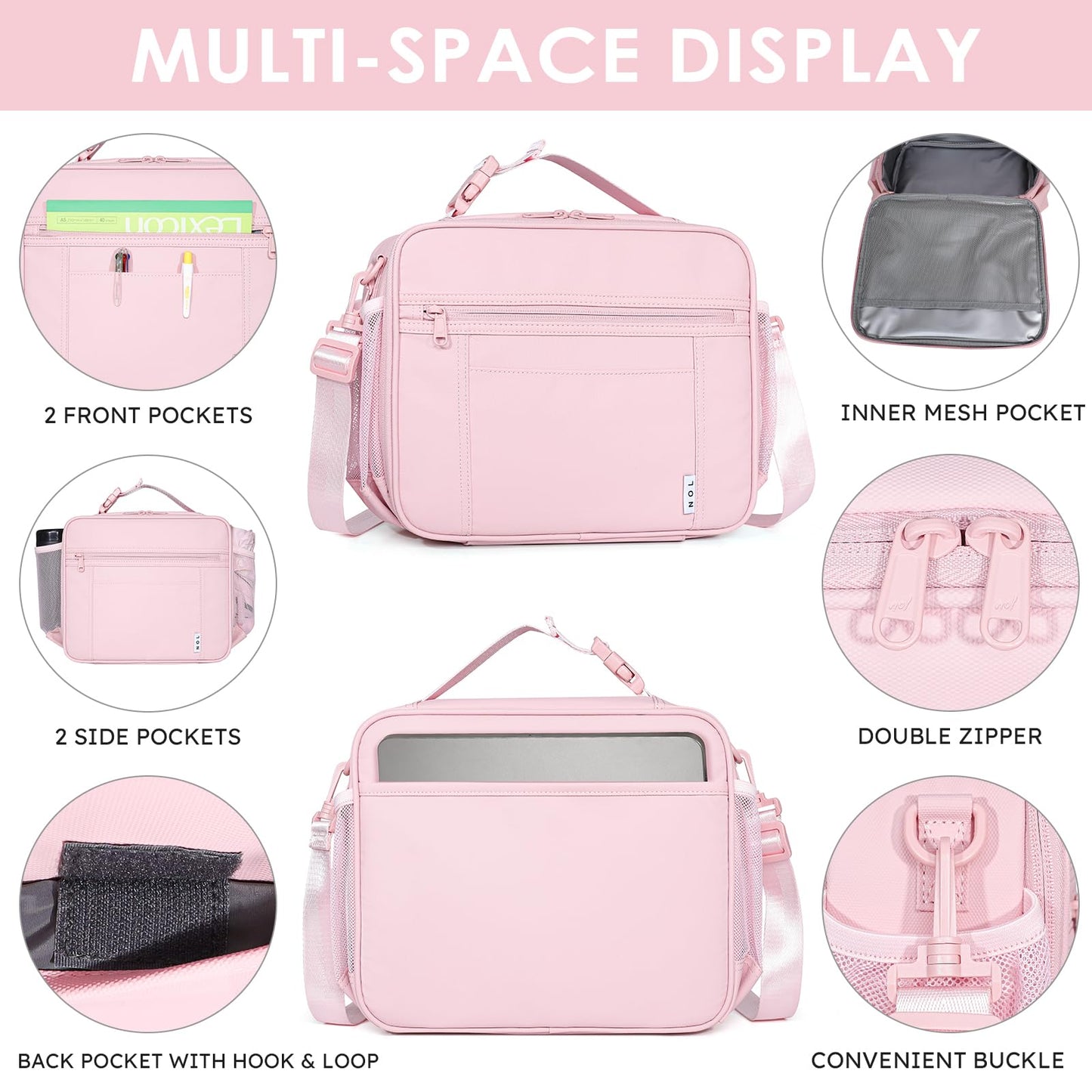 NOL Nylon Waterproof Kids Lunch Bag, Insulated Lunch Bag, Lunch box Cooler, Reusable, Zip Closure with Buckle Handle Holds Lunch Box, Snacks & Water Bottle for School Work, Cream