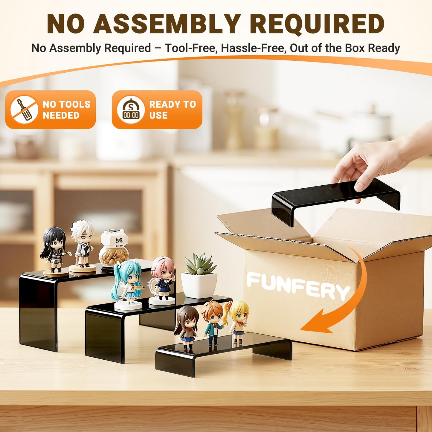 FUNFERY Acrylic Display Risers,2 Sets(7.8" L~8.2" L~8.6" L) Display Stand Shelf for Figure,Collectibles,Cupcake,Clear Acrylic Risers for Displays Case Cabinet,Dessert Table,Shelf Riser for Decor,Food