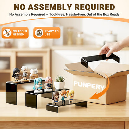 FUNFERY Acrylic Display Risers,2 Sets(7.8" L~8.2" L~8.6" L) Display Stand Shelf for Figure,Collectibles,Cupcake,Clear Acrylic Risers for Displays Case Cabinet,Dessert Table,Shelf Riser for Decor,Food