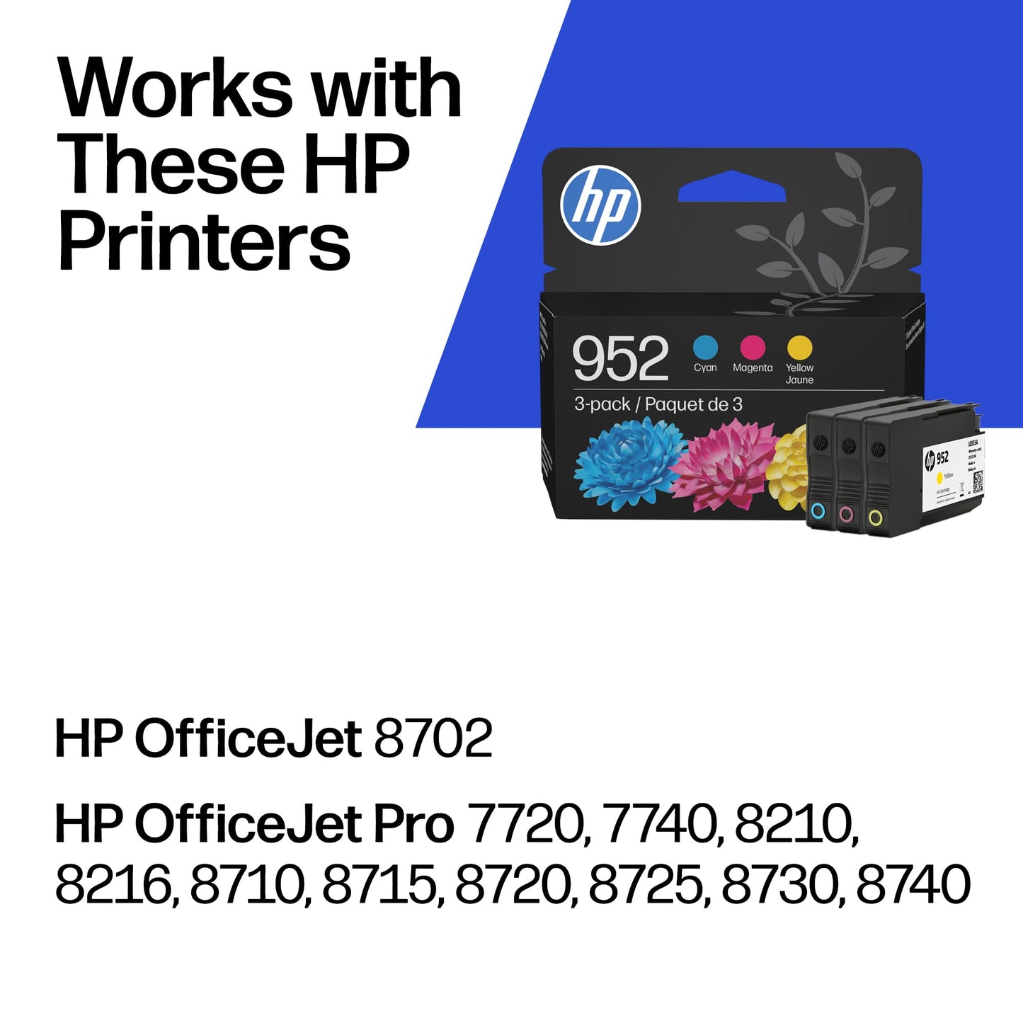 HP 952 Cyan, Magenta, Yellow Ink Cartridges (3-Pack) | Works with Printer Series: OfficeJet 8702, OfficeJet Pro 7720, 7740, 8210, 8710, 8720, 8730, 8740 | Eligible for Instant Ink | N9K27AN