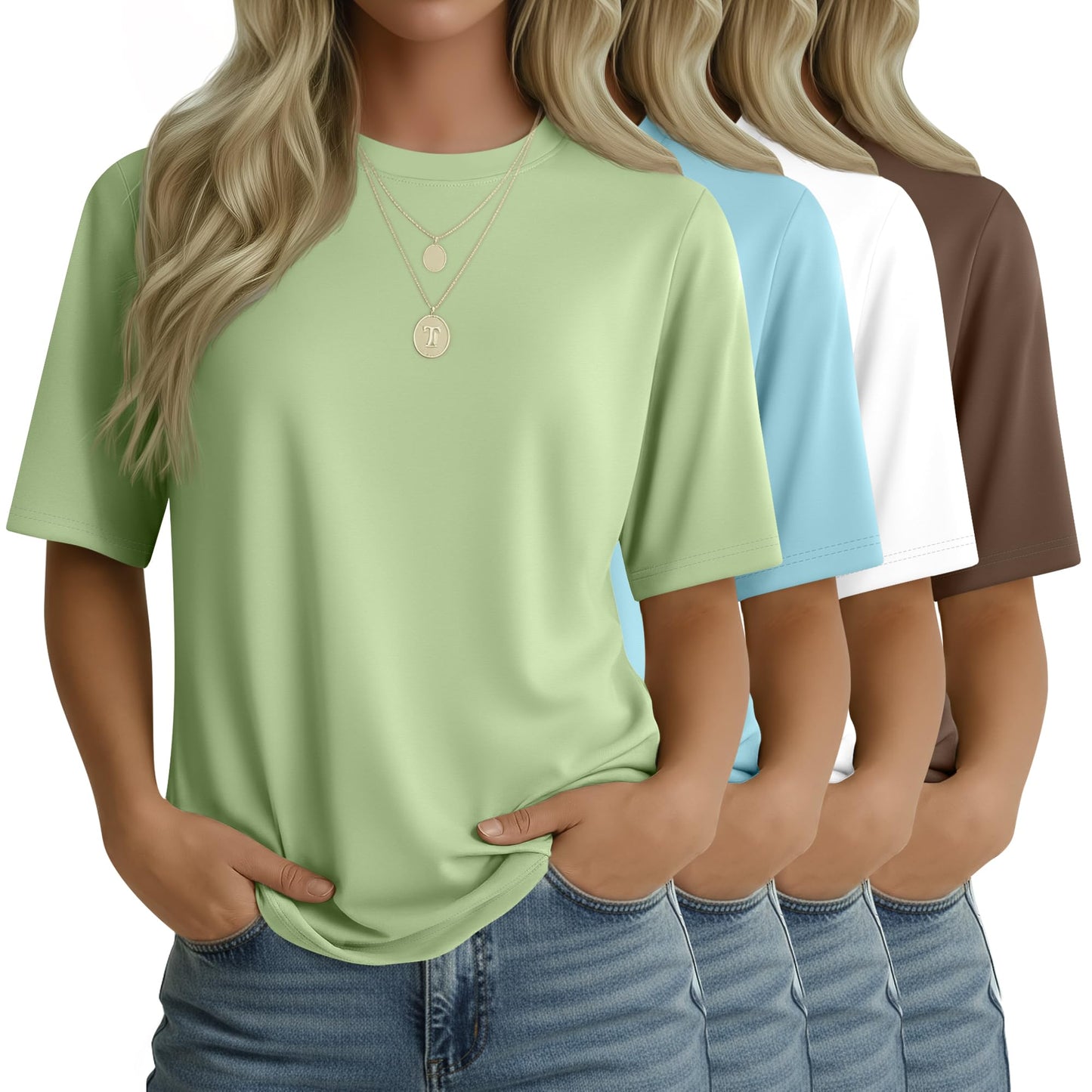 4 Pack Women's Half Sleeve T Shirts 1/2 Sleeve Basic Crew Neck Tops Elbow Length Casual Loose Fit Summer Tees