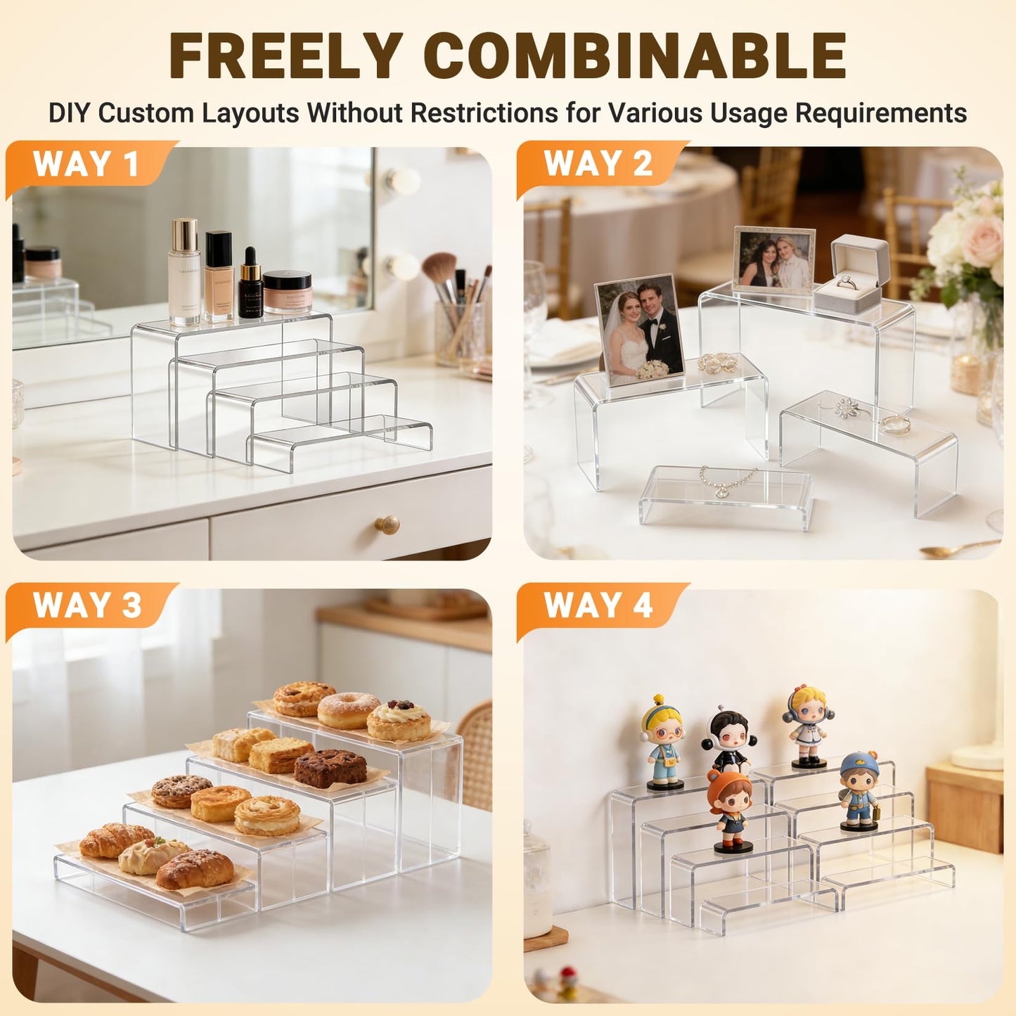 FUNFERY Acrylic Display Risers,2 Sets(7.8" L~8.2" L~8.6" L) Display Stand Shelf for Figure,Collectibles,Cupcake,Clear Acrylic Risers for Displays Case Cabinet,Dessert Table,Shelf Riser for Decor,Food
