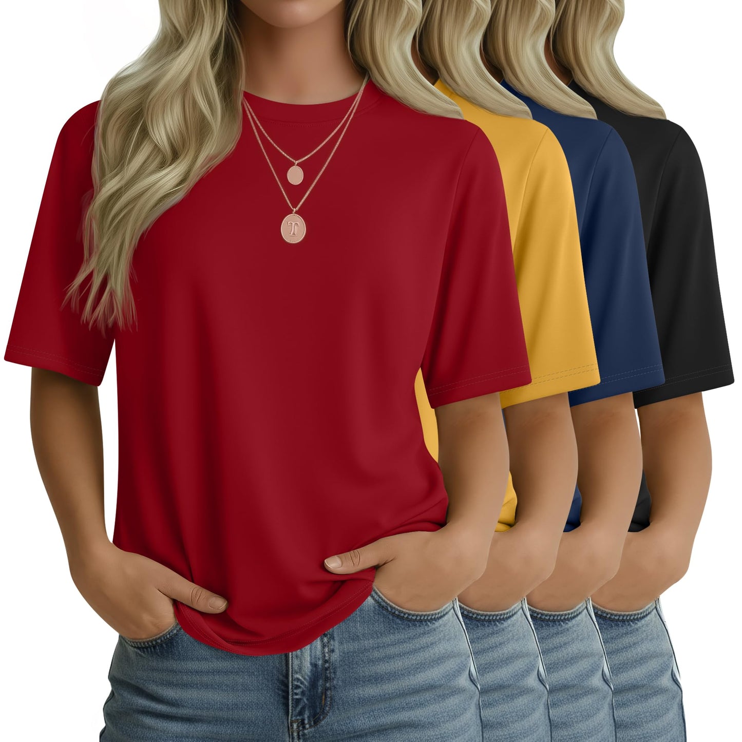 4 Pack Women's Half Sleeve T Shirts 1/2 Sleeve Basic Crew Neck Tops Elbow Length Casual Loose Fit Summer Tees