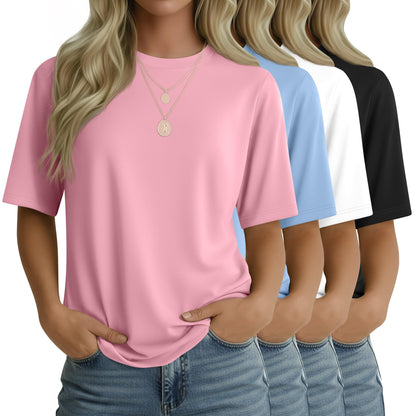 4 Pack Women's Half Sleeve T Shirts 1/2 Sleeve Basic Crew Neck Tops Elbow Length Casual Loose Fit Summer Tees