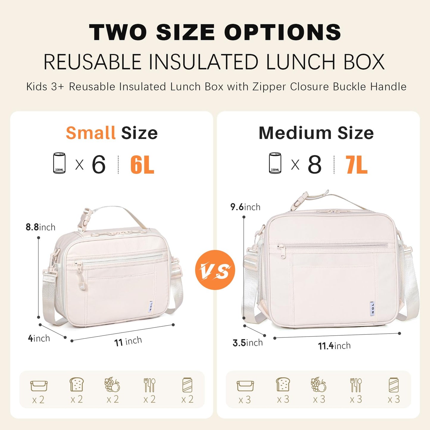NOL Nylon Waterproof Kids Lunch Bag, Insulated Lunch Bag, Lunch box Cooler, Reusable, Zip Closure with Buckle Handle Holds Lunch Box, Snacks & Water Bottle for School Work, Cream