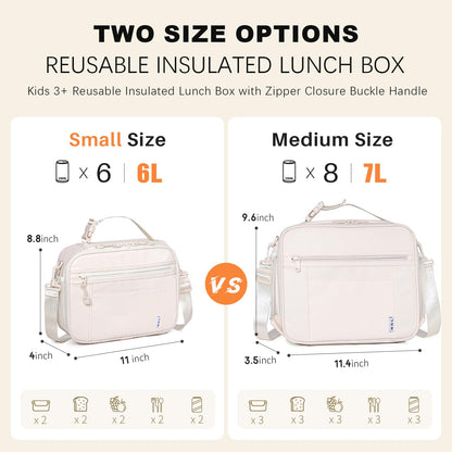 NOL Nylon Waterproof Kids Lunch Bag, Insulated Lunch Bag, Lunch box Cooler, Reusable, Zip Closure with Buckle Handle Holds Lunch Box, Snacks & Water Bottle for School Work, Cream
