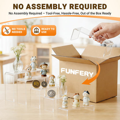 FUNFERY Acrylic Display Risers,2 Sets(7.8" L~8.2" L~8.6" L) Display Stand Shelf for Figure,Collectibles,Cupcake,Clear Acrylic Risers for Displays Case Cabinet,Dessert Table,Shelf Riser for Decor,Food
